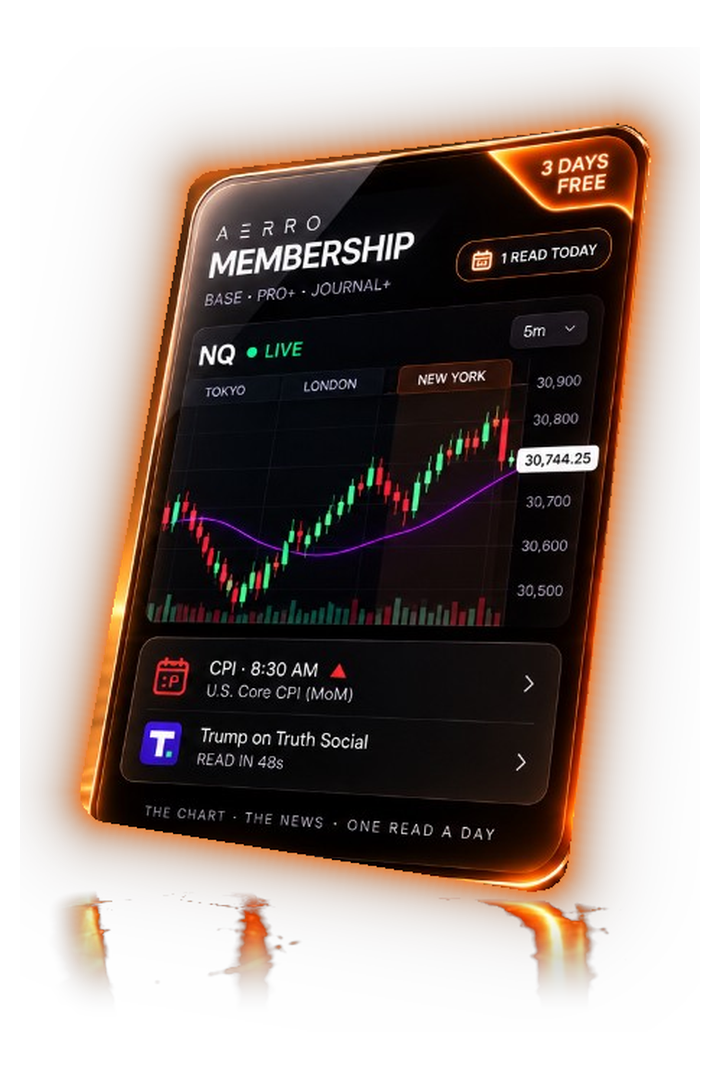 The Base card: the live chart with the sessions marked and the live news under it, in orange glass.