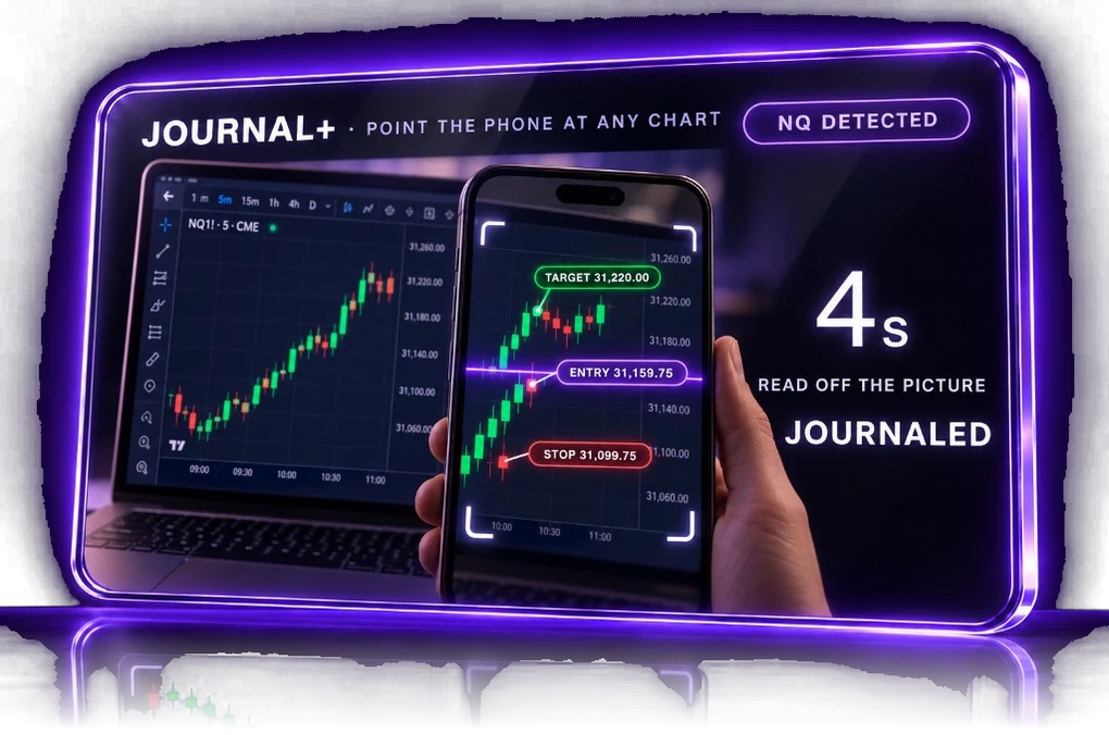 A phone held up to a laptop's chart — ENTRY, STOP and TARGET landing on the candles, TRADE SCANNED, the P&L proof posting at once.