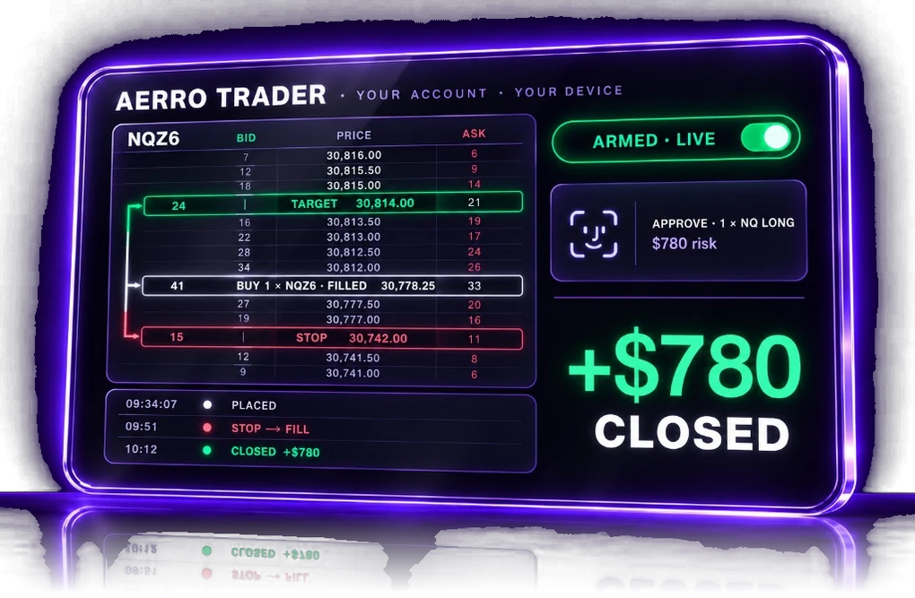 A broker ladder with the bracket resting, the ARMED switch and the Face-ID approval card.